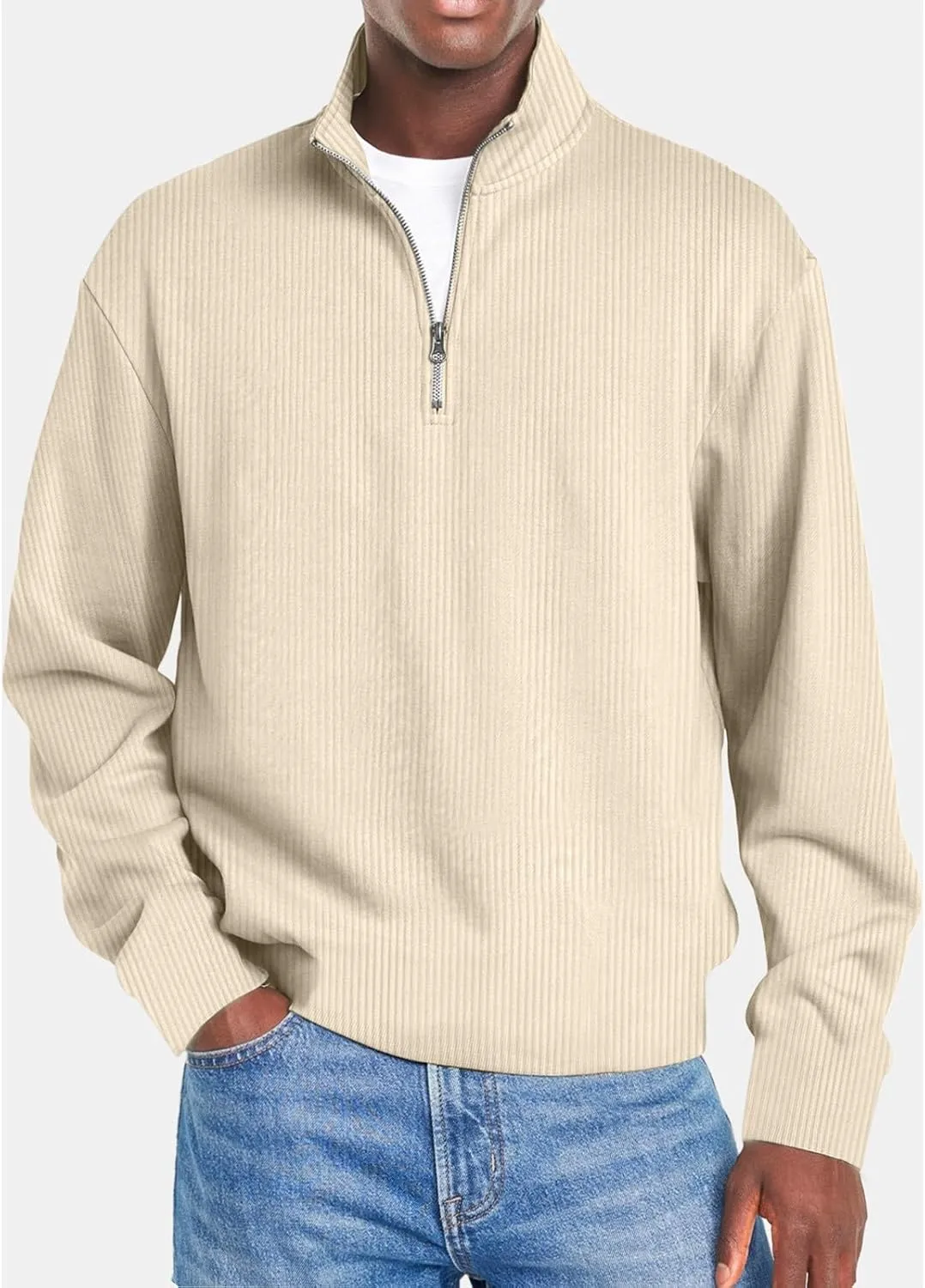 Men Fashion Quarter Zip Pullover Oversize Long Sleeve Mock Neck Texture Polo Sweatshirt Casual Sport Workout Sweater