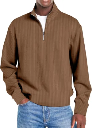 Men Fashion Quarter Zip Pullover Oversize Long Sleeve Mock Neck Texture Polo Sweatshirt Casual Sport Workout Sweater