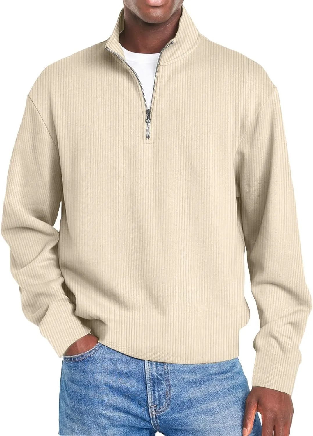 Men Fashion Quarter Zip Pullover Oversize Long Sleeve Mock Neck Texture Polo Sweatshirt Casual Sport Workout Sweater