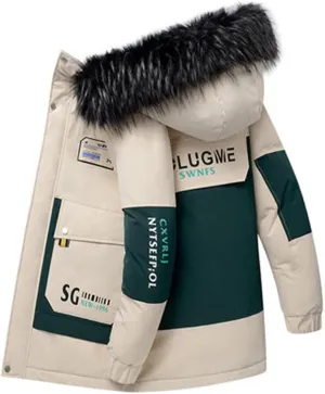 Men Thicken Warm Hooded Coat Fur Collar Slim Cotton Hooded Jacket Mid-Length Windbreaker