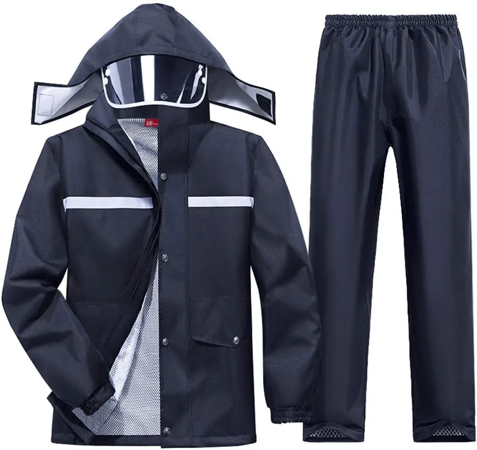 Men's Rain Suit Motorcycle Outdoor Camping Travel Golf Fishing Hiking Windproof and Breathable 2 Piece Raincoat Rainwear with Hood