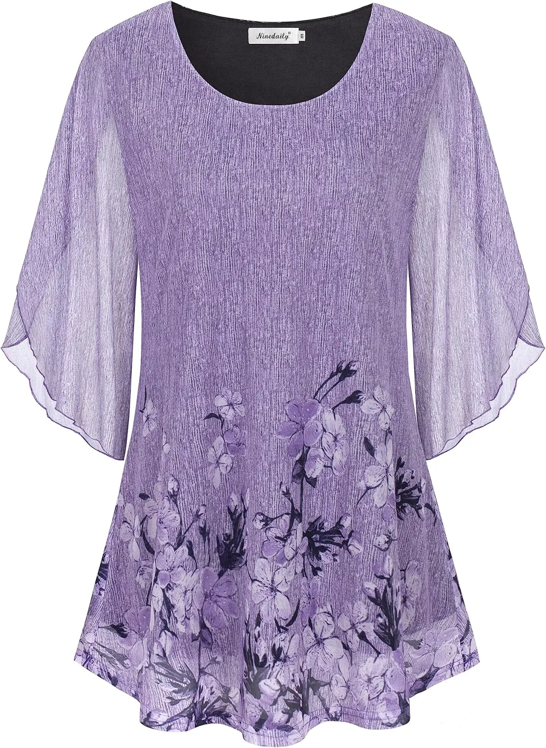 Ninedaily Women's Tops 3/4 Sleeve Blouses Dressy Casual Double Layers Mesh Tunic Shirts