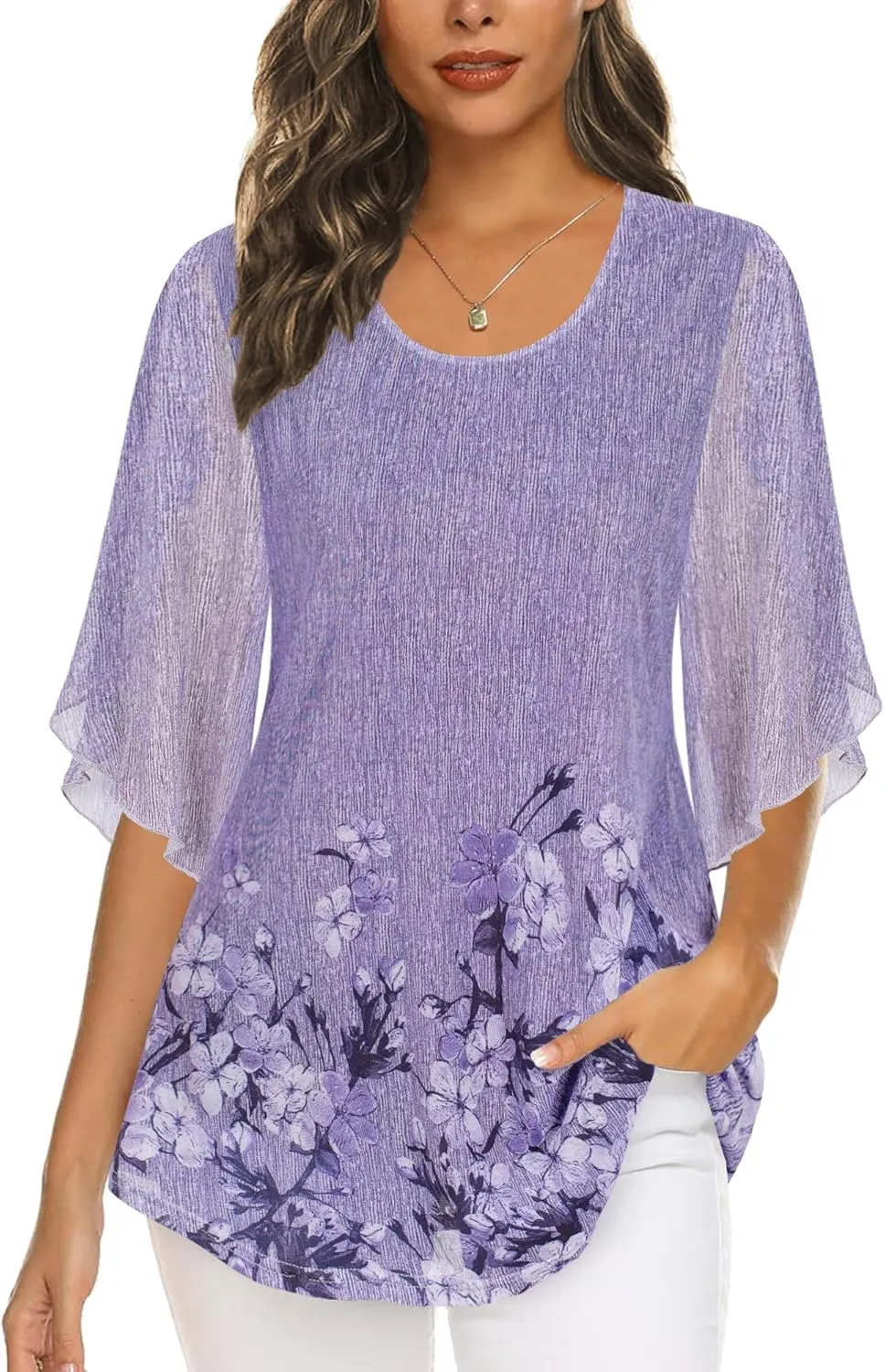 Ninedaily Women's Tops 3/4 Sleeve Blouses Dressy Casual Double Layers Mesh Tunic Shirts