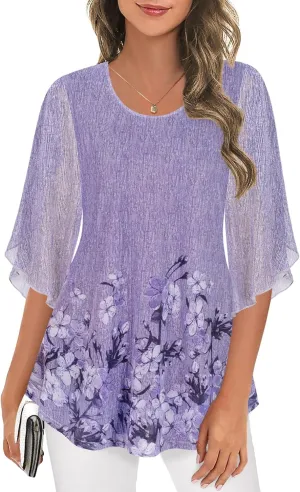 Ninedaily Women's Tops 3/4 Sleeve Blouses Dressy Casual Double Layers Mesh Tunic Shirts