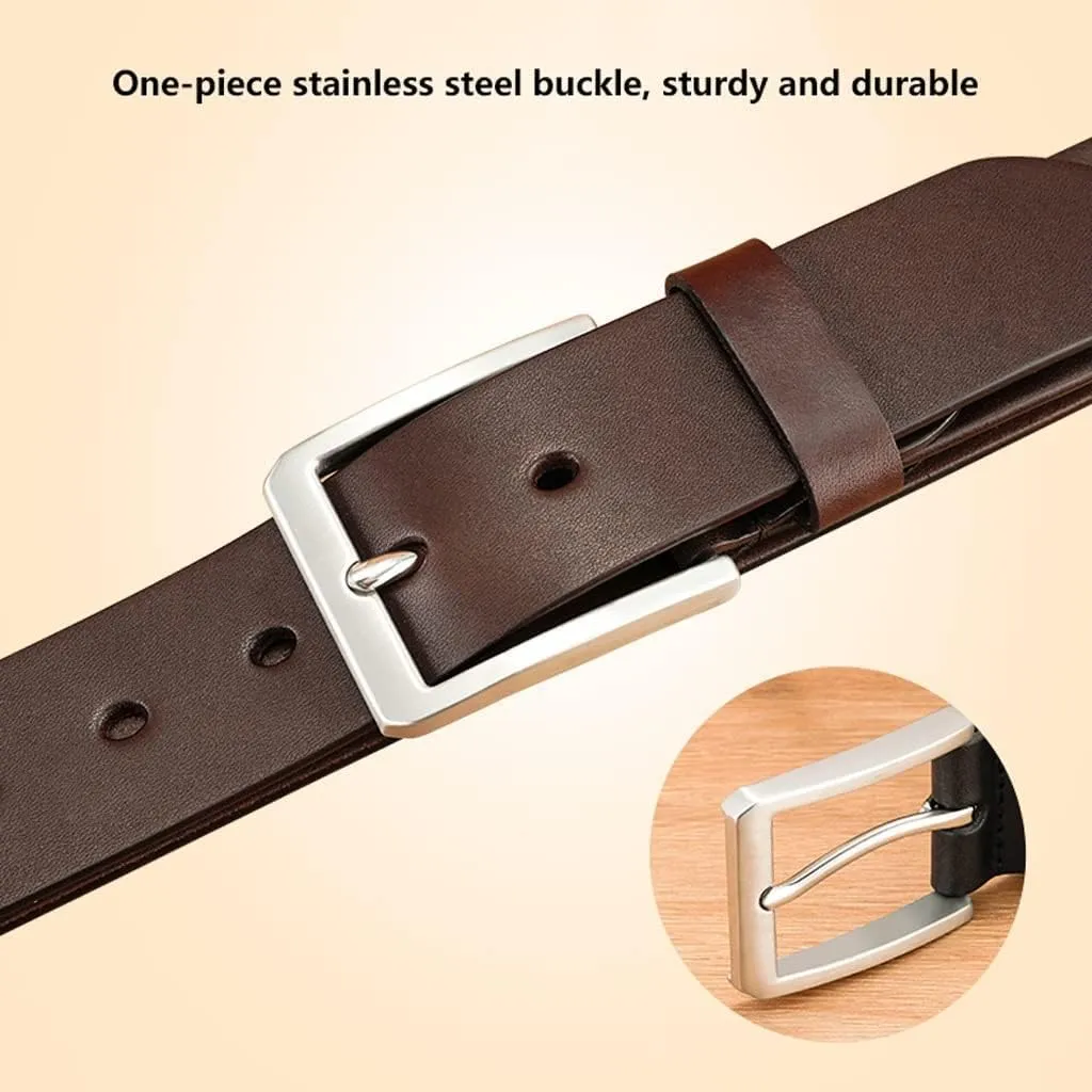 OLOTU Brown Men's Leather Belt 1.5'' Stainless Steel Pin Buckle Reversible Belt Men's Casual Jeans Work Dress Belt