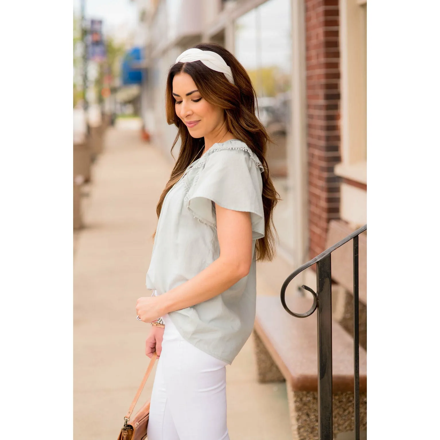 Pom Trim Flutter Sleeve Blouse