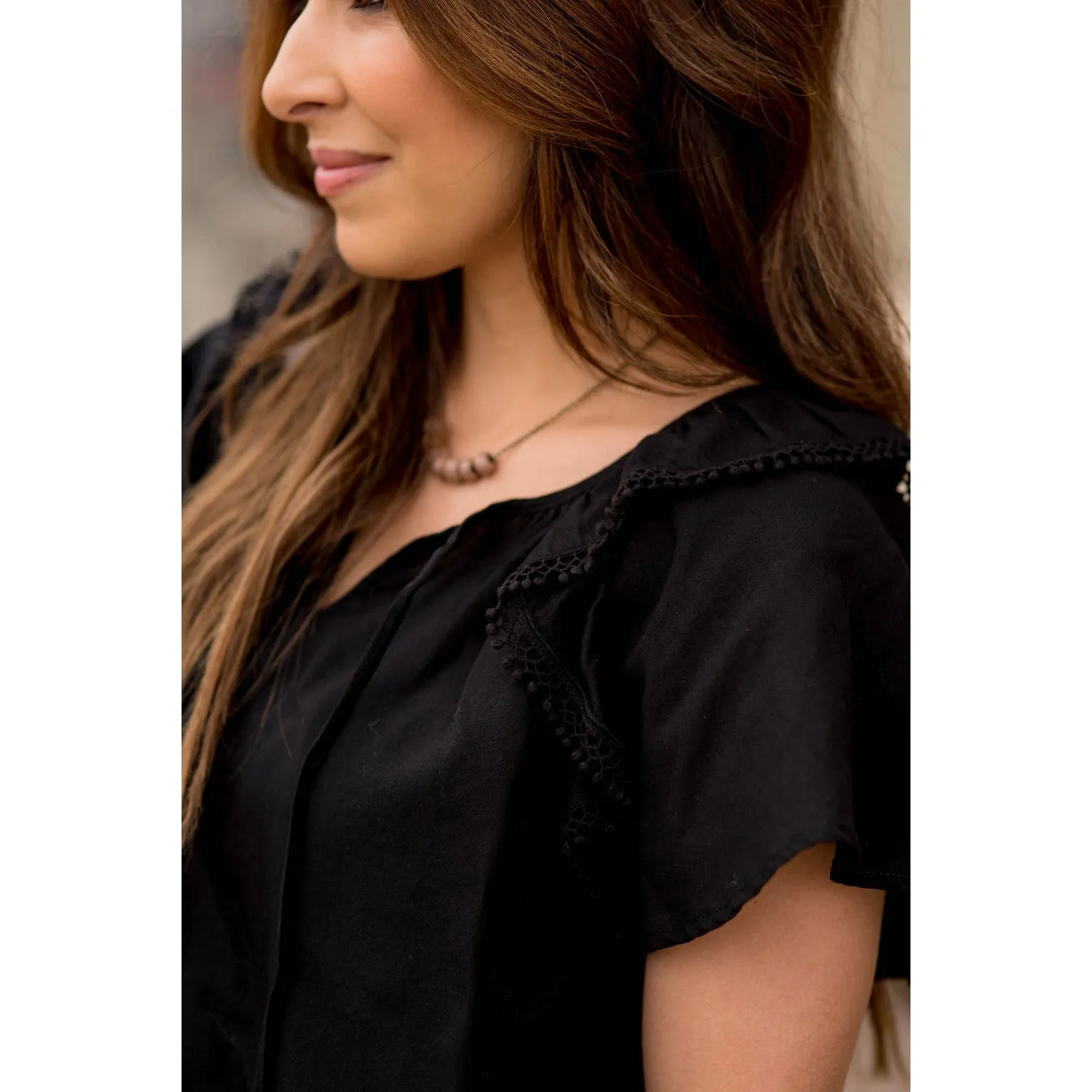 Pom Trim Flutter Sleeve Blouse