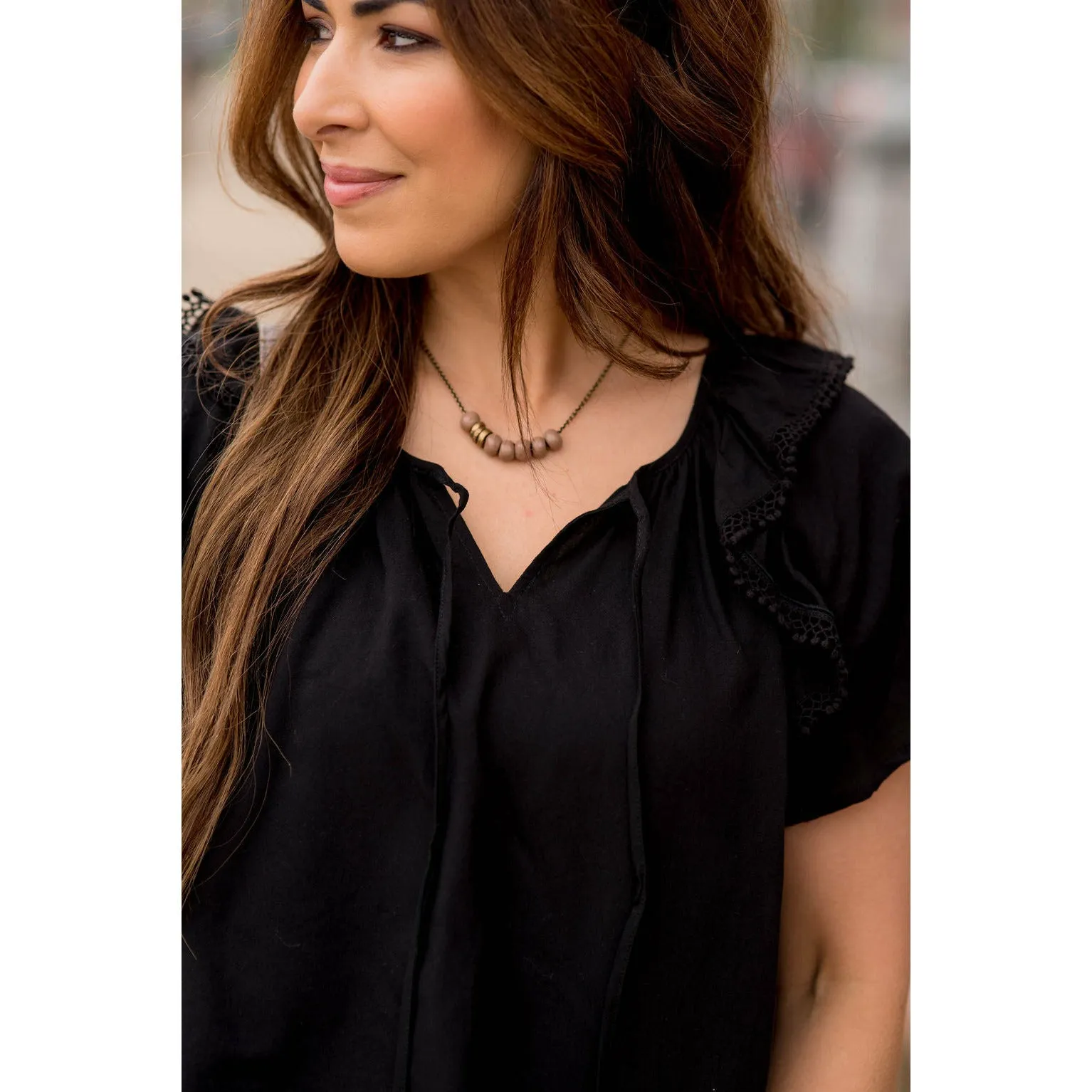 Pom Trim Flutter Sleeve Blouse