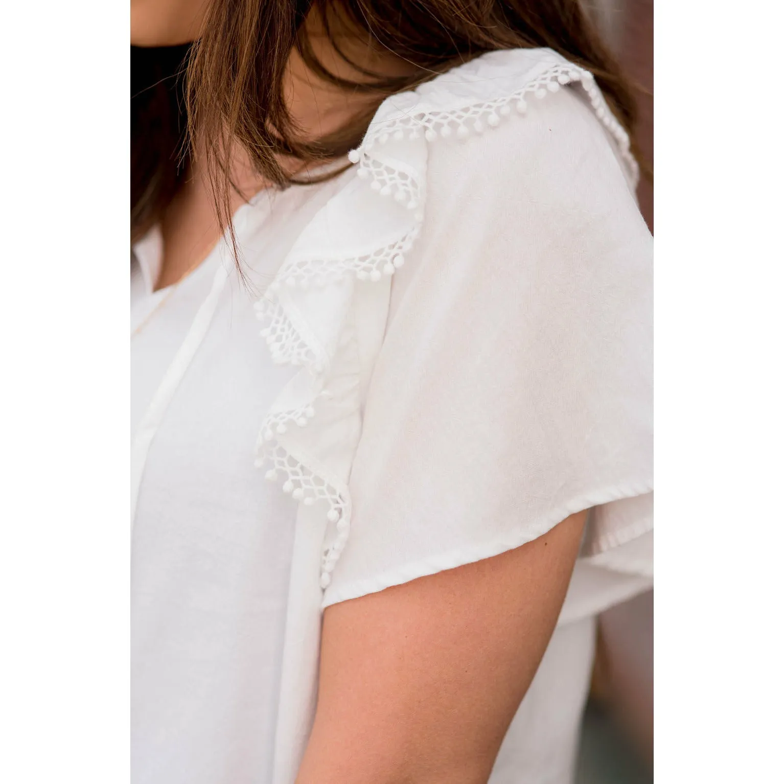 Pom Trim Flutter Sleeve Blouse