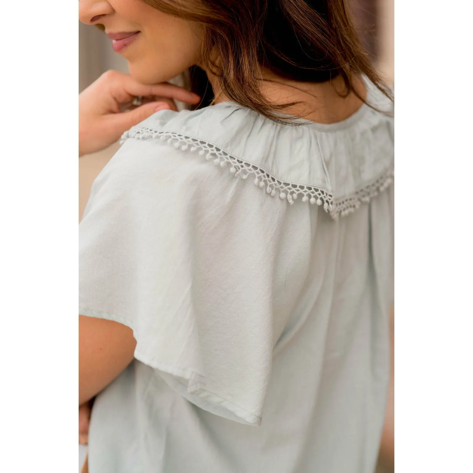 Pom Trim Flutter Sleeve Blouse