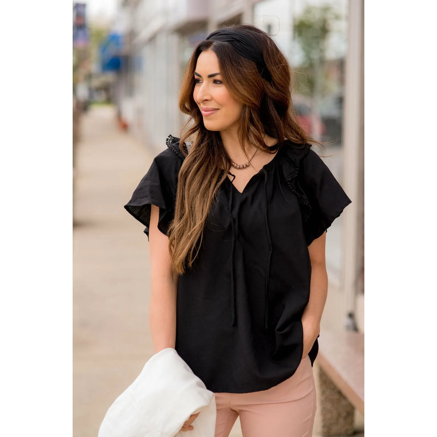 Pom Trim Flutter Sleeve Blouse