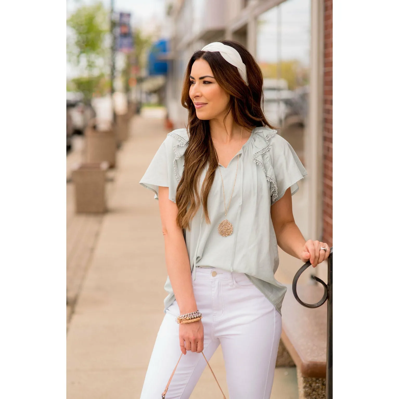 Pom Trim Flutter Sleeve Blouse