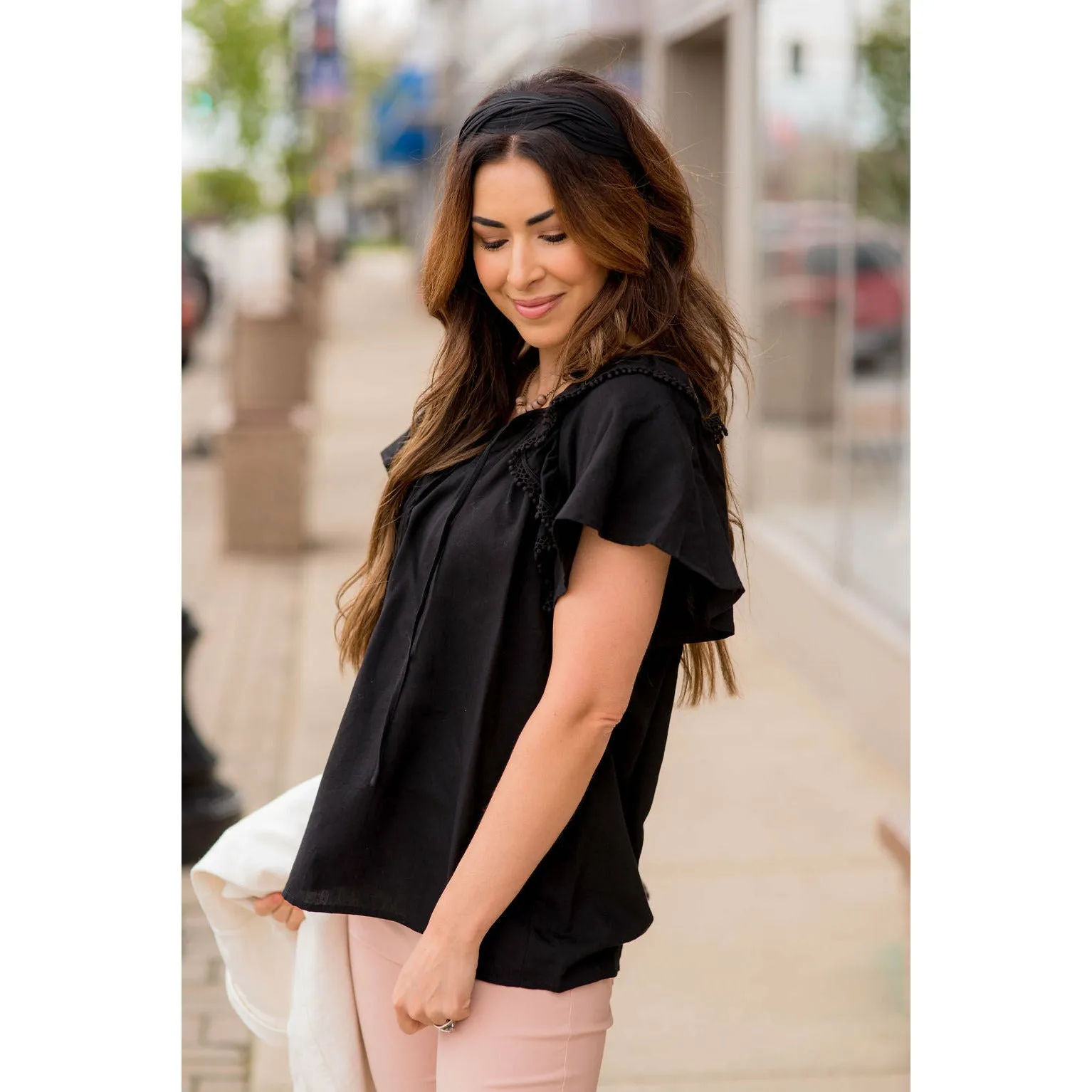Pom Trim Flutter Sleeve Blouse