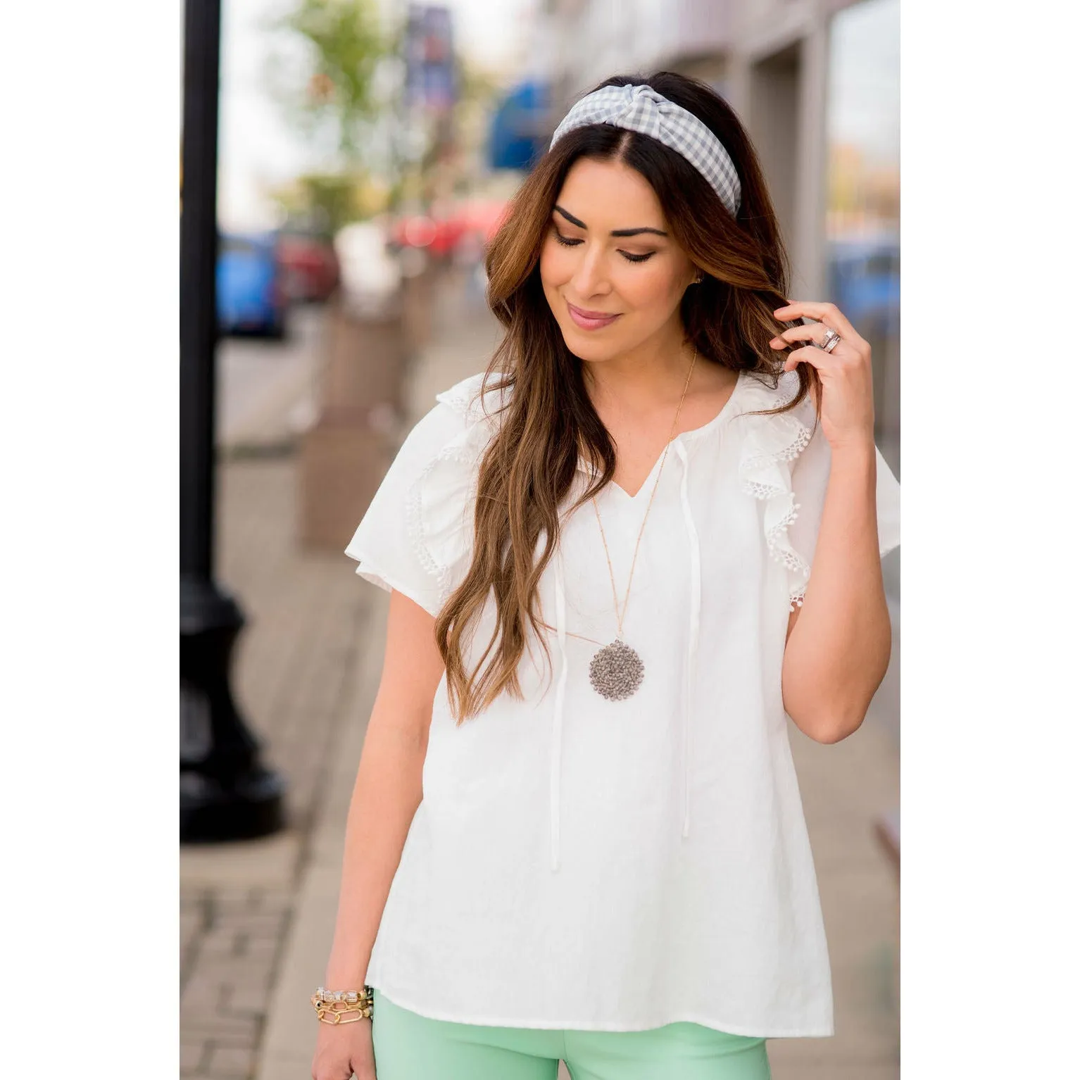 Pom Trim Flutter Sleeve Blouse