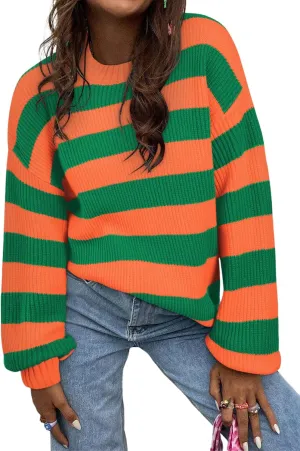 SHEWIN Womens Sweaters 2025 Casual Long Sleeve Crewneck Color Block Striped Knit Lightweight Pullover Sweater Tops