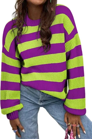 SHEWIN Womens Sweaters 2025 Casual Long Sleeve Crewneck Color Block Striped Knit Lightweight Pullover Sweater Tops
