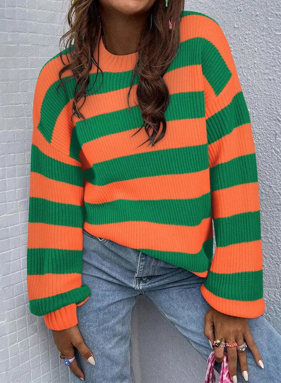 SHEWIN Womens Sweaters 2025 Casual Long Sleeve Crewneck Color Block Striped Knit Lightweight Pullover Sweater Tops