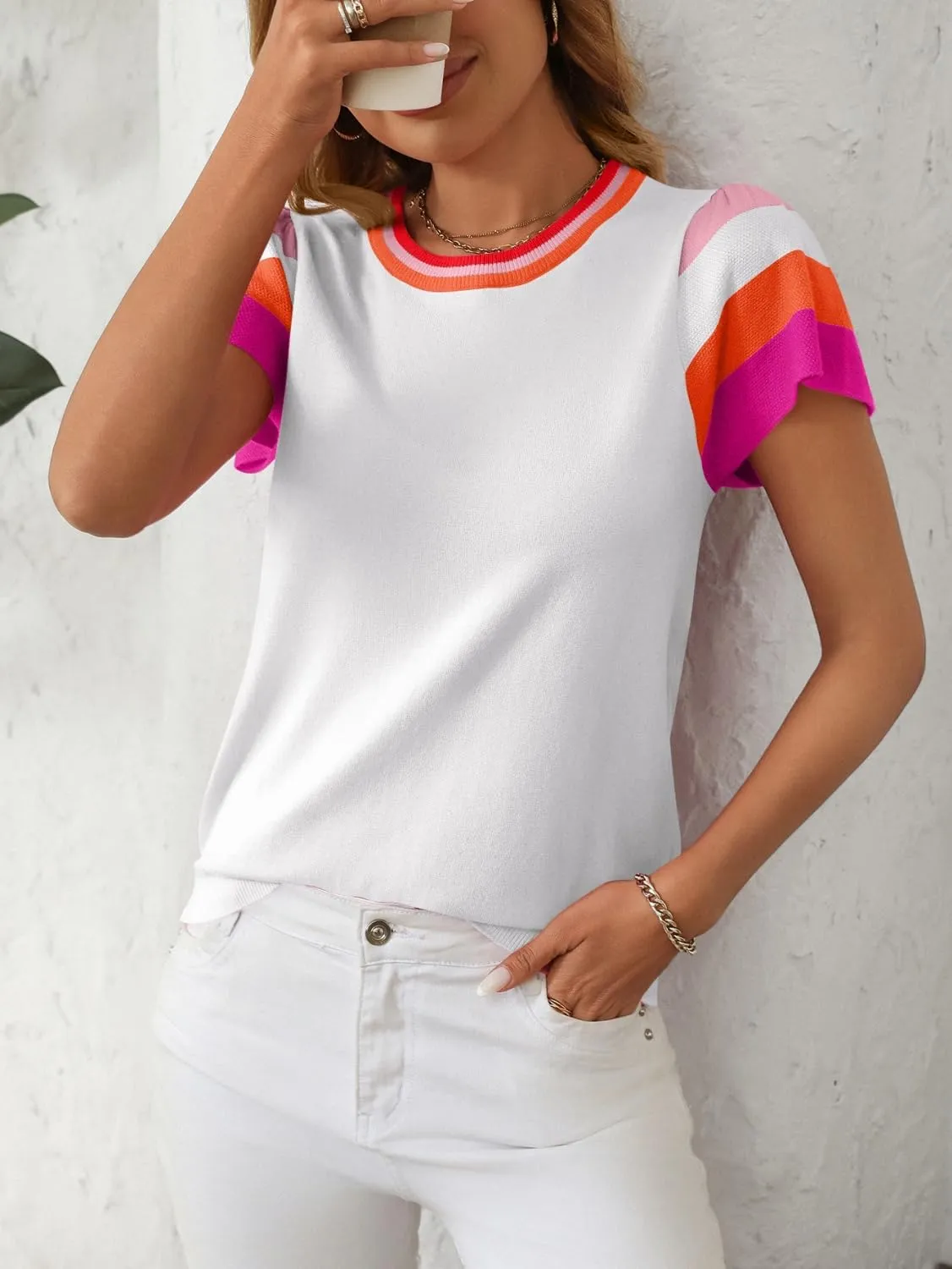 Summer Tops for Women 2025 Casual Crewneck Cap Sleeve Shirts Loose Fit Lightweight Knit Sweater Pullover Top