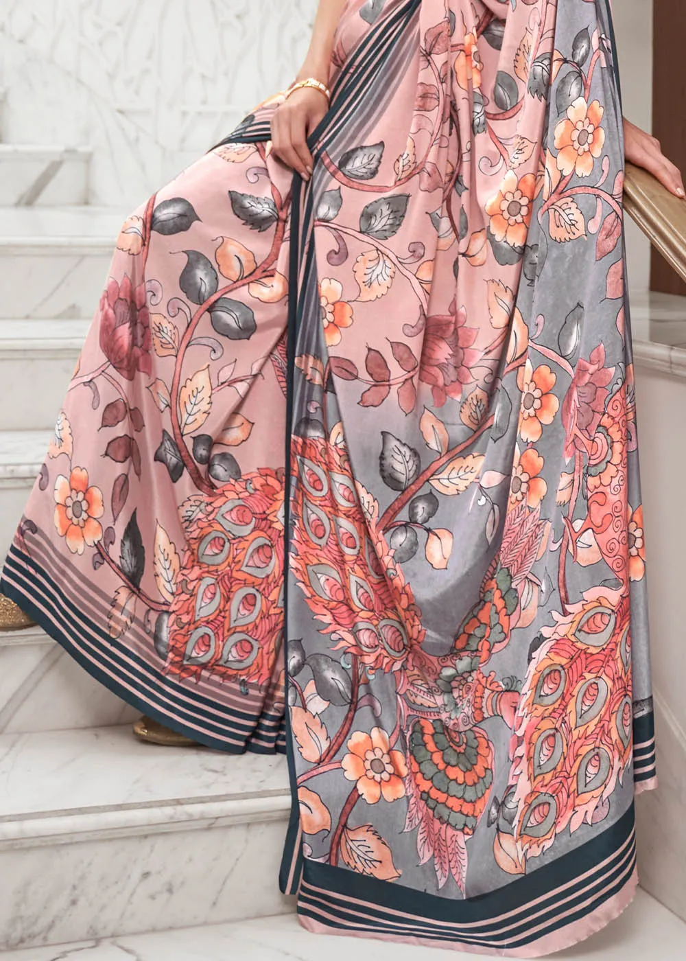 Sweet Pink Digital Floral Printed Crepe Silk Saree