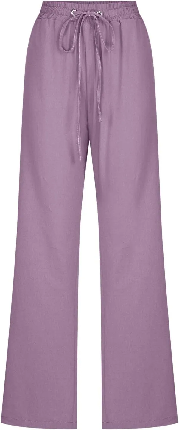 Women High Waisted Wide Leg Pants Casual Drawstring Elastic Trousers Comfy Straight Leg Long Pants with Pockets