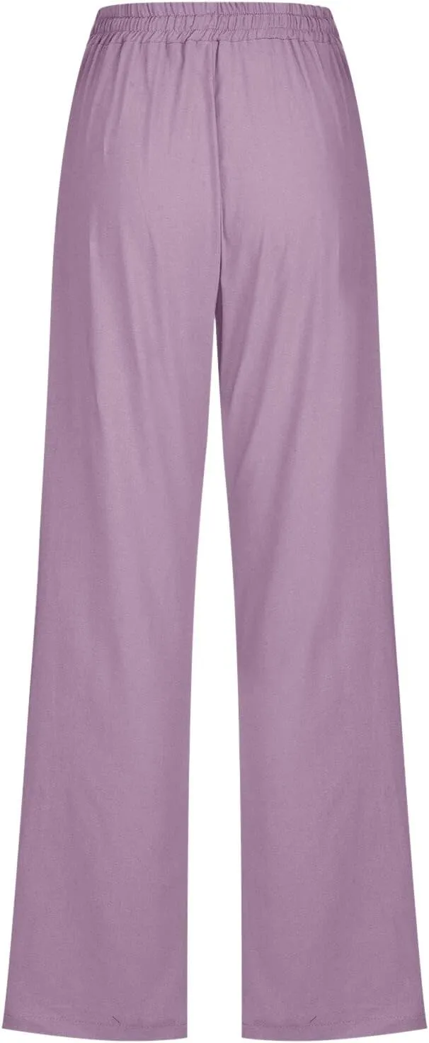 Women High Waisted Wide Leg Pants Casual Drawstring Elastic Trousers Comfy Straight Leg Long Pants with Pockets