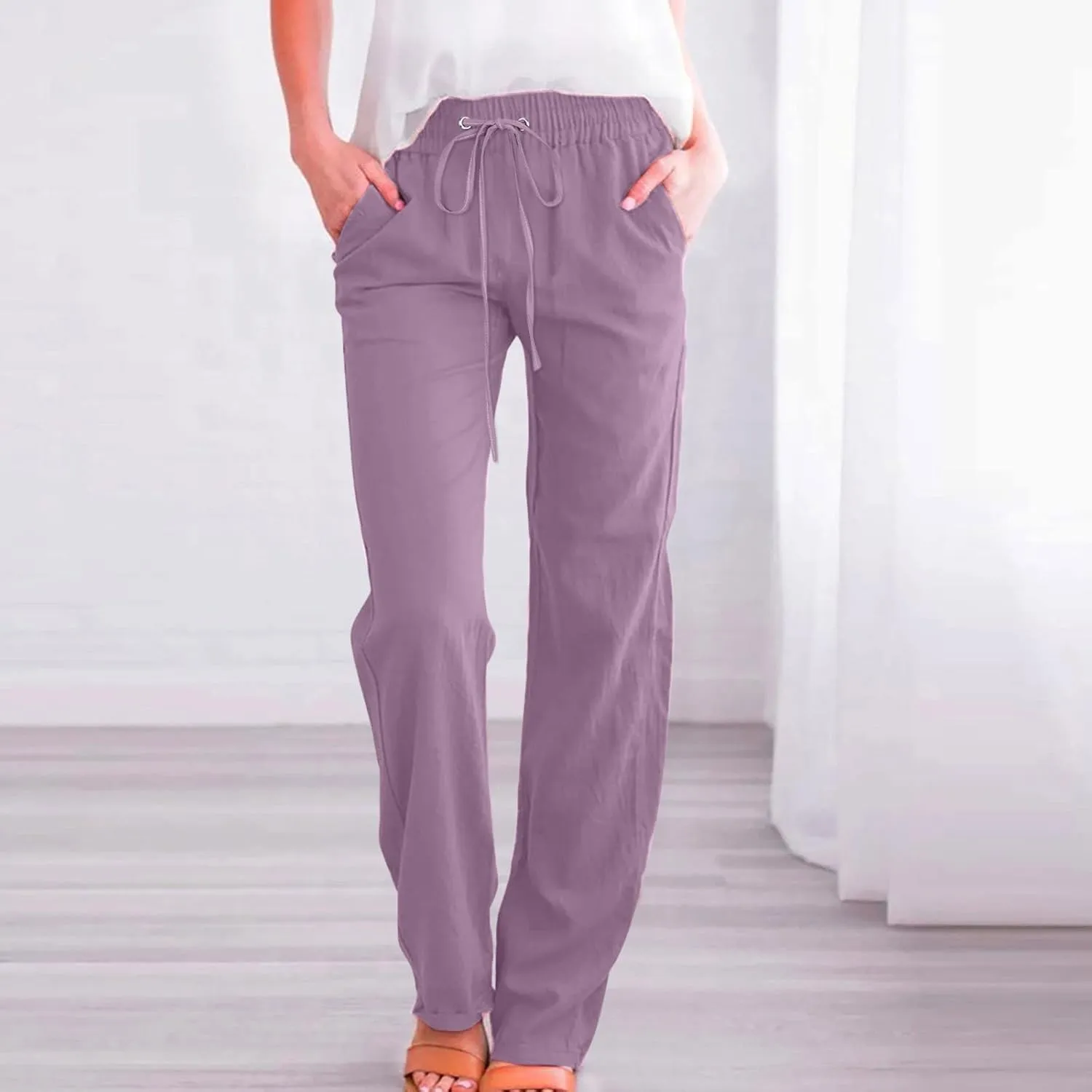 Women High Waisted Wide Leg Pants Casual Drawstring Elastic Trousers Comfy Straight Leg Long Pants with Pockets