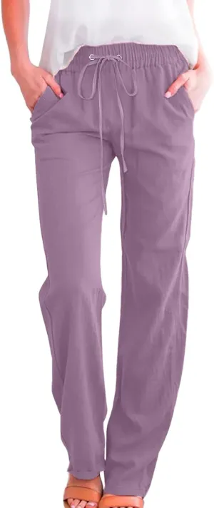 Women High Waisted Wide Leg Pants Casual Drawstring Elastic Trousers Comfy Straight Leg Long Pants with Pockets