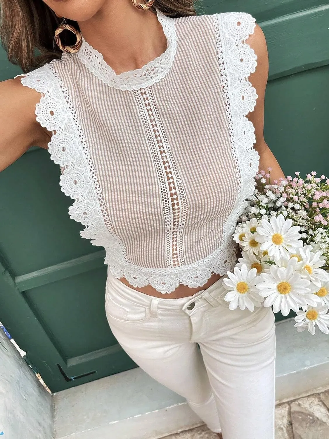 Women's Blouses Shirts Lace Striped Stand Collar Elegant Shirt Trendy Tshirts Tops