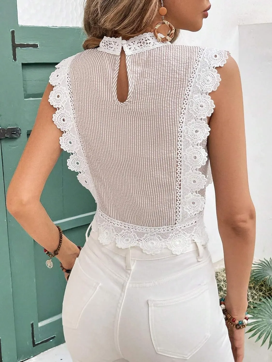 Women's Blouses Shirts Lace Striped Stand Collar Elegant Shirt Trendy Tshirts Tops
