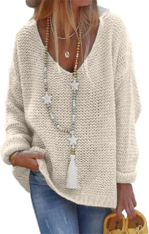 Womens Cable Knitted Sweaters V Neck Casual Loose Pullover 2023 Trendy Long Sleeve Jumper Comfy Soft Jumper Tops