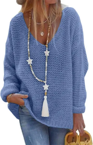 Womens Cable Knitted Sweaters V Neck Casual Loose Pullover 2023 Trendy Long Sleeve Jumper Comfy Soft Jumper Tops