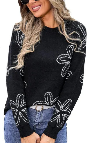 Women's Crewneck Sweater Pullover Soft Oversized Boho Floral Print Long Sleeve Knitted Jumper Tops Fall Fashion 2024