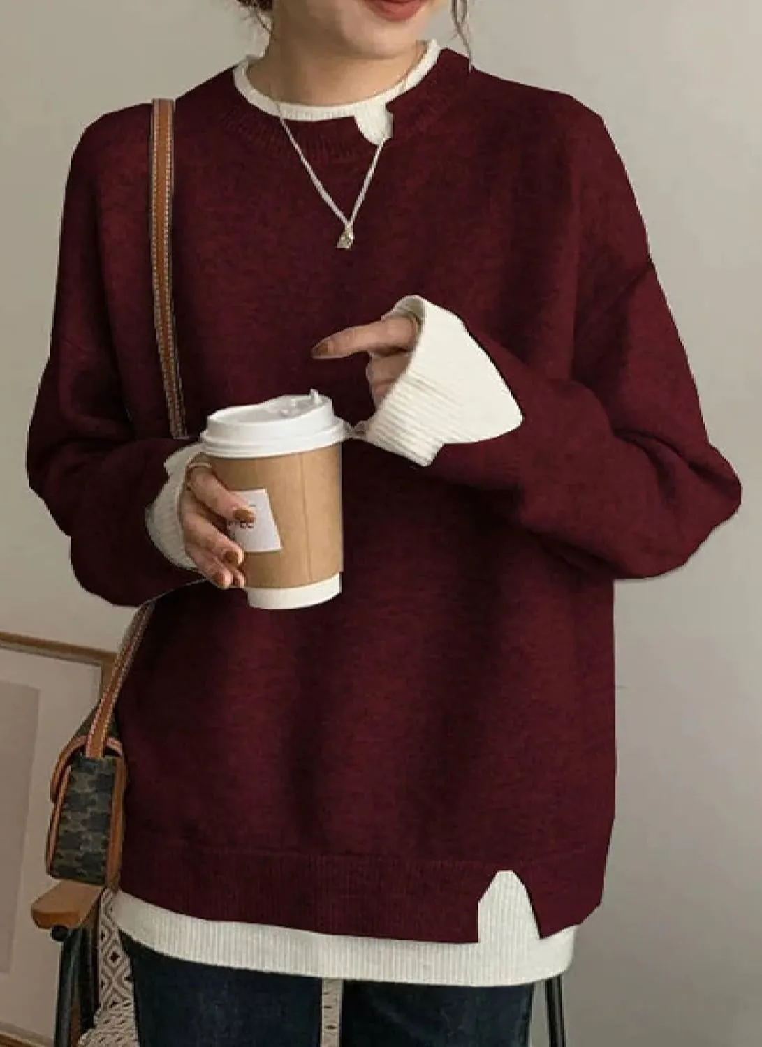 Women's Gray and White Cut-Out Sweater Cropped Twofer Knit Crew Neck Chunky Pullover Casual Long Sleeve Jumper Tops
