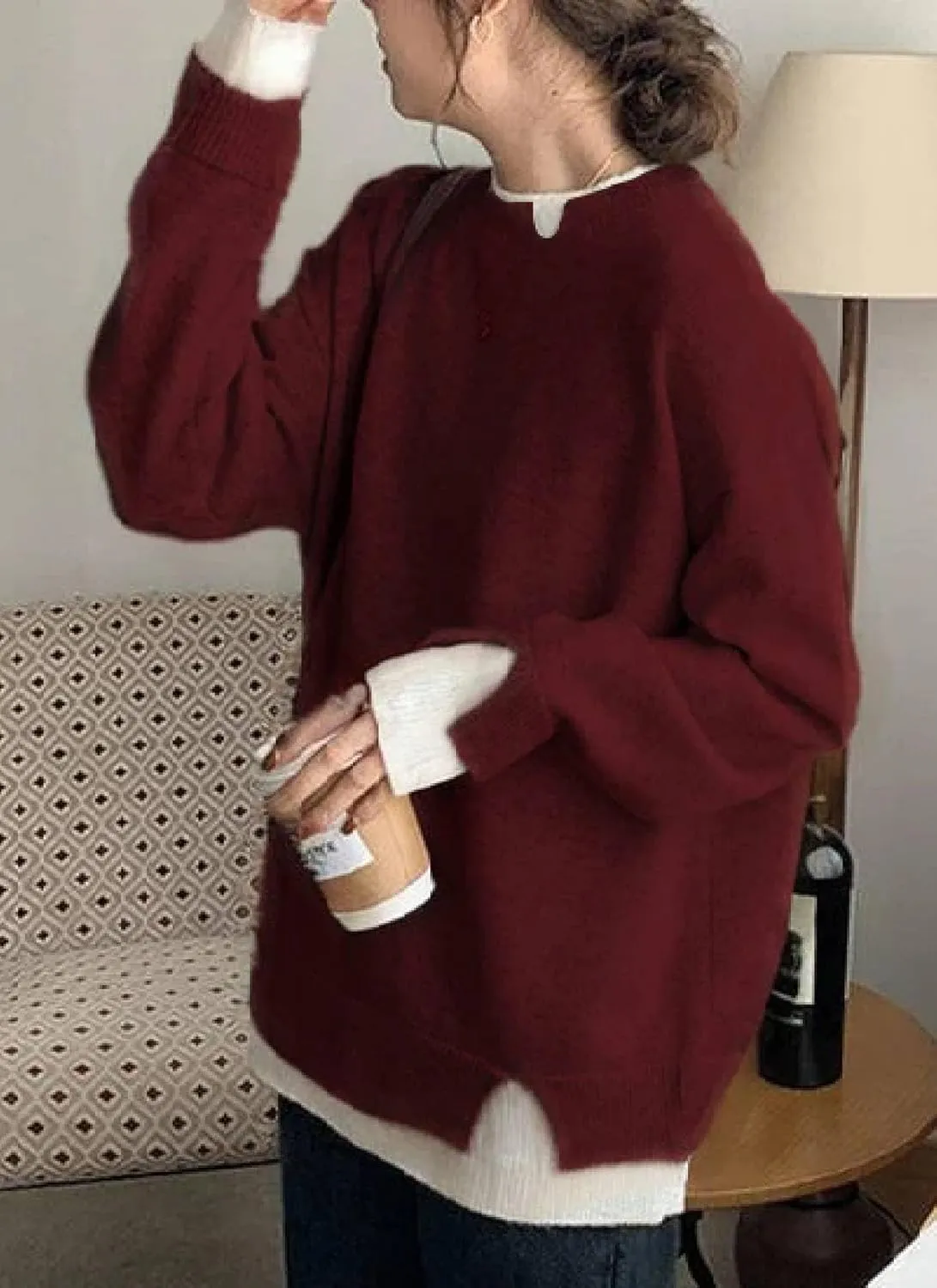 Women's Gray and White Cut-Out Sweater Cropped Twofer Knit Crew Neck Chunky Pullover Casual Long Sleeve Jumper Tops