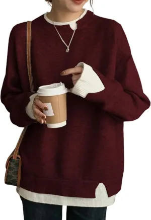 Women's Gray and White Cut-Out Sweater Cropped Twofer Knit Crew Neck Chunky Pullover Casual Long Sleeve Jumper Tops