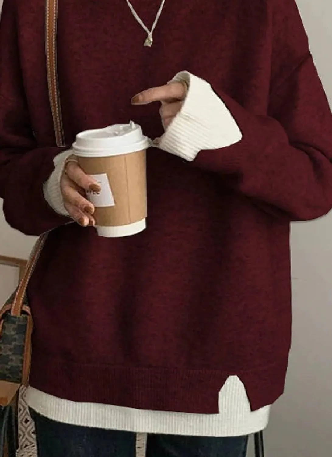 Women's Gray and White Cut-Out Sweater Cropped Twofer Knit Crew Neck Chunky Pullover Casual Long Sleeve Jumper Tops