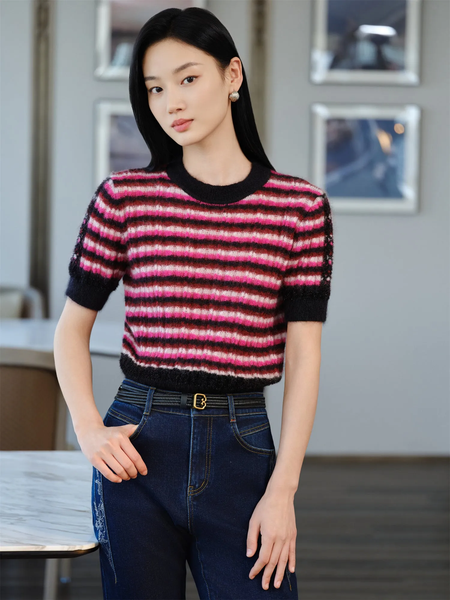 YAYING Mohair Striped Knit Sweater