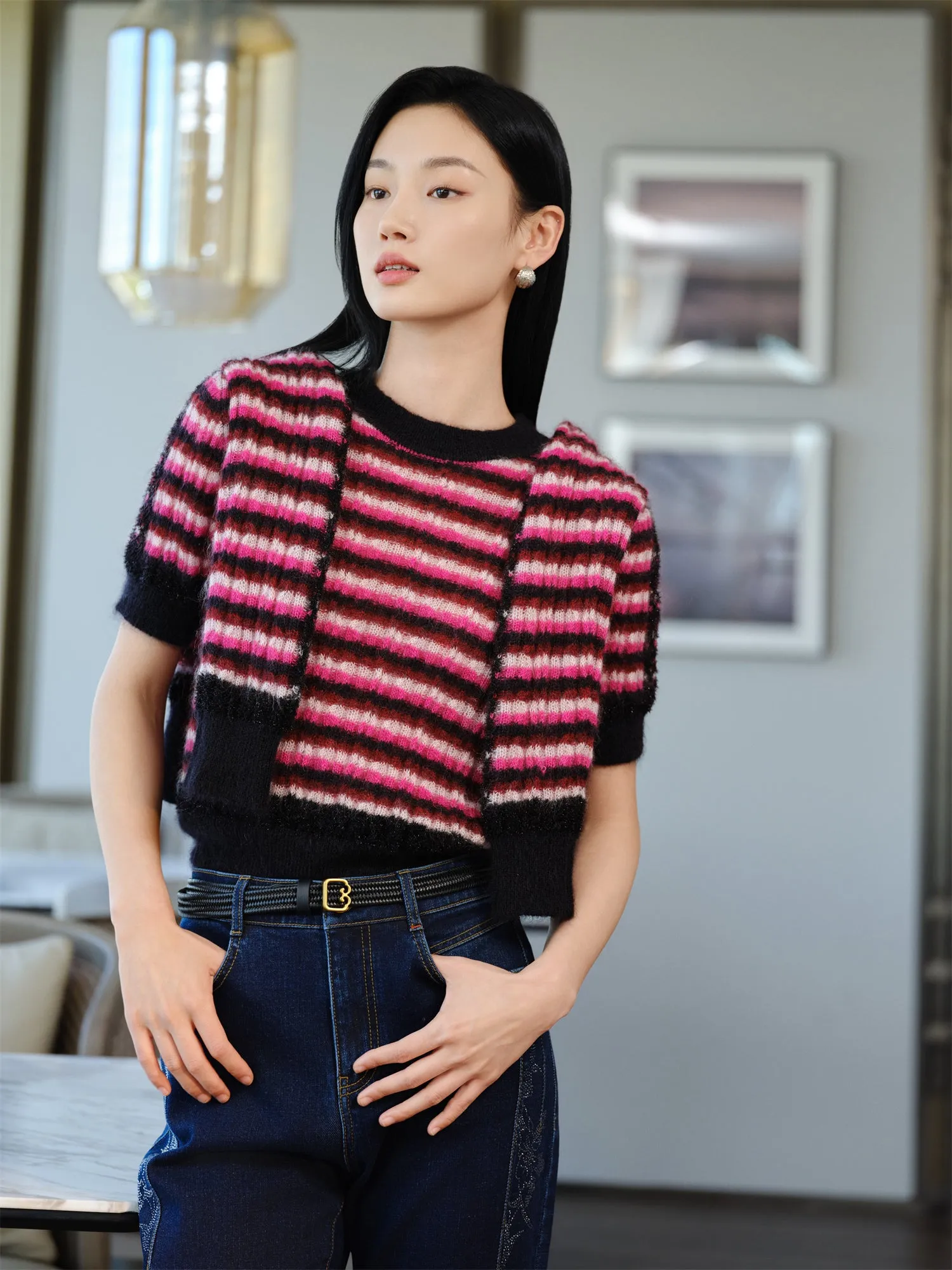 YAYING Mohair Striped Knit Sweater